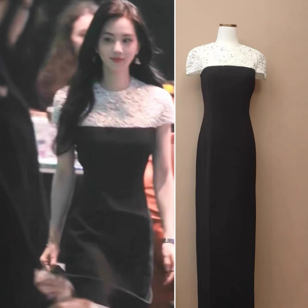 【现货】刘诗诗同款黑色蕾丝礼服连衣裙女赫本风气质长裙子优雅