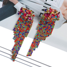 欧美时尚几何形彩色水晶流苏链耳环优雅甜美高级感耳饰珠宝批发