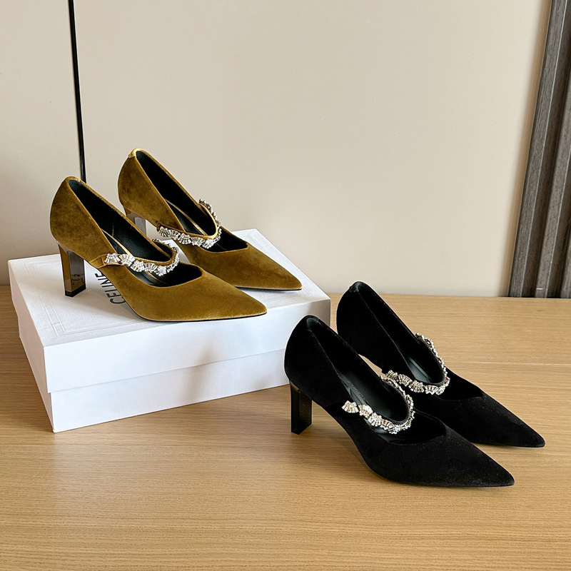 3616-1 Autumn/Winter Velvet Women's Shoes Pointed Toe V-Cut Rhinestone Strap Chunky Heel French Style Versatile Commuting High Heels