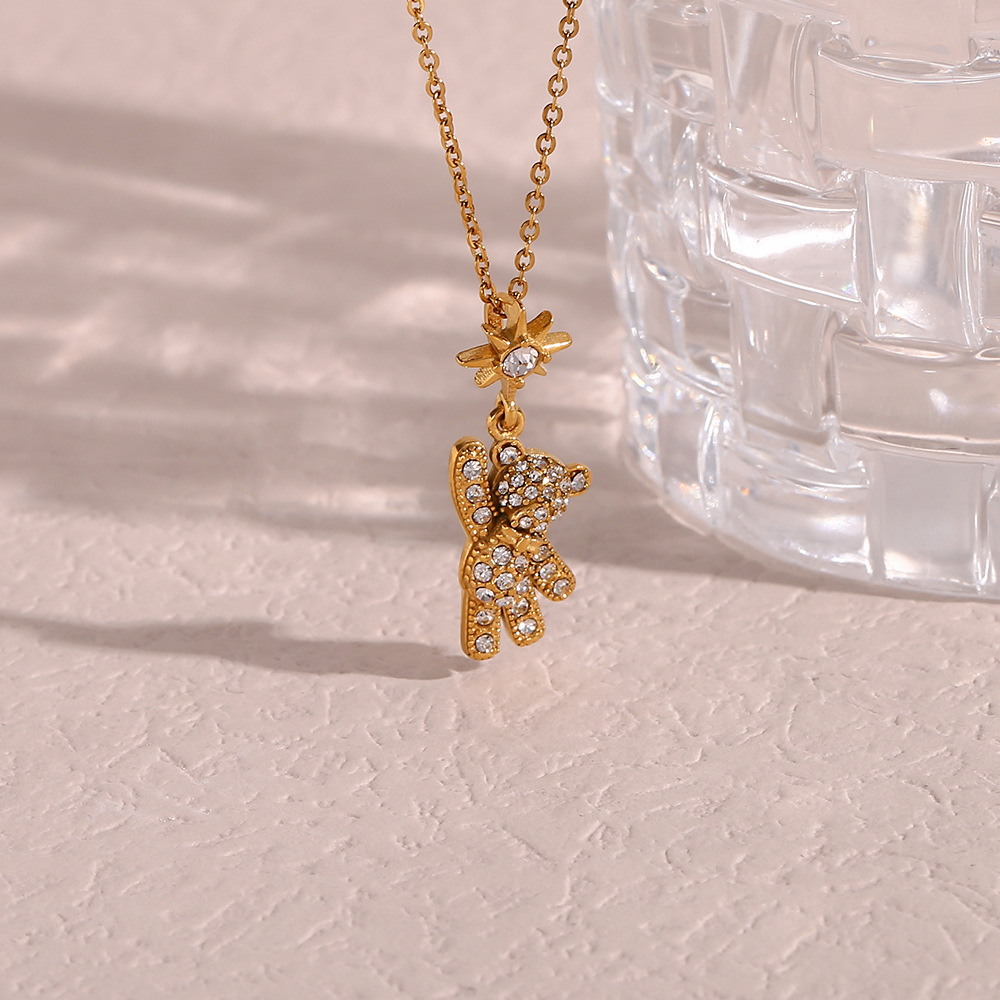 Sweet Sun Bear Stainless Steel Necklace Plating Inlay Zircon Stainless Steel Necklaces