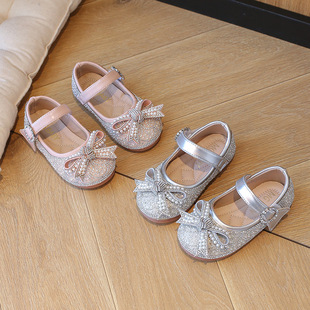 Children's Princess Shoes 2025 Spring and Autumn New Children's Bow Small Leather Shoes Girls Shiny Crystal Shoes Baby Single Shoes
