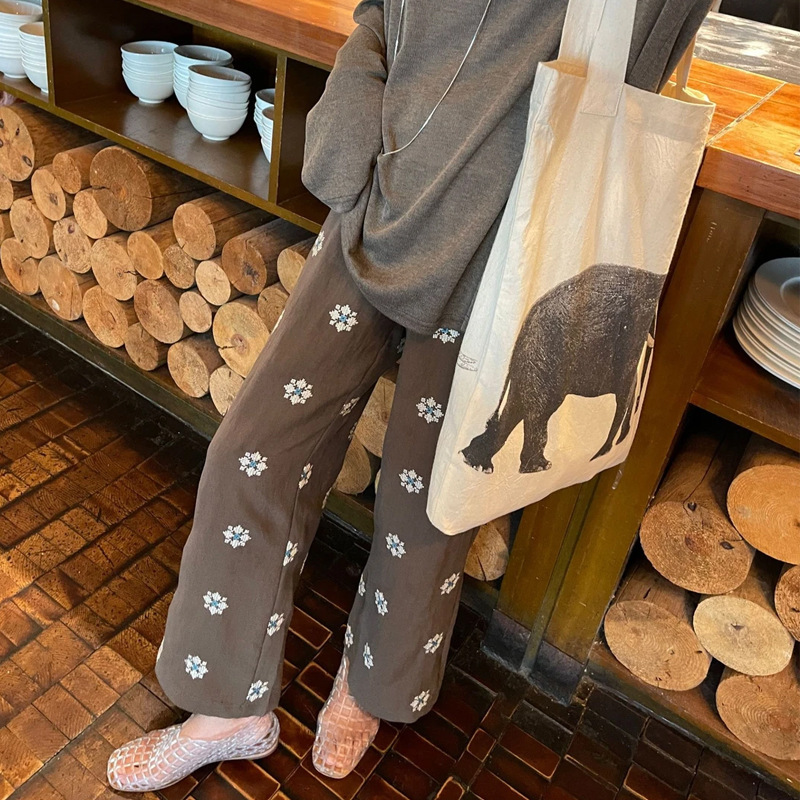 French-Style Petite Custom-Spun Tencel Linen Heavy Embroidery Fabric Slimming Flared Pants and Japanese-Style Casual Pants
