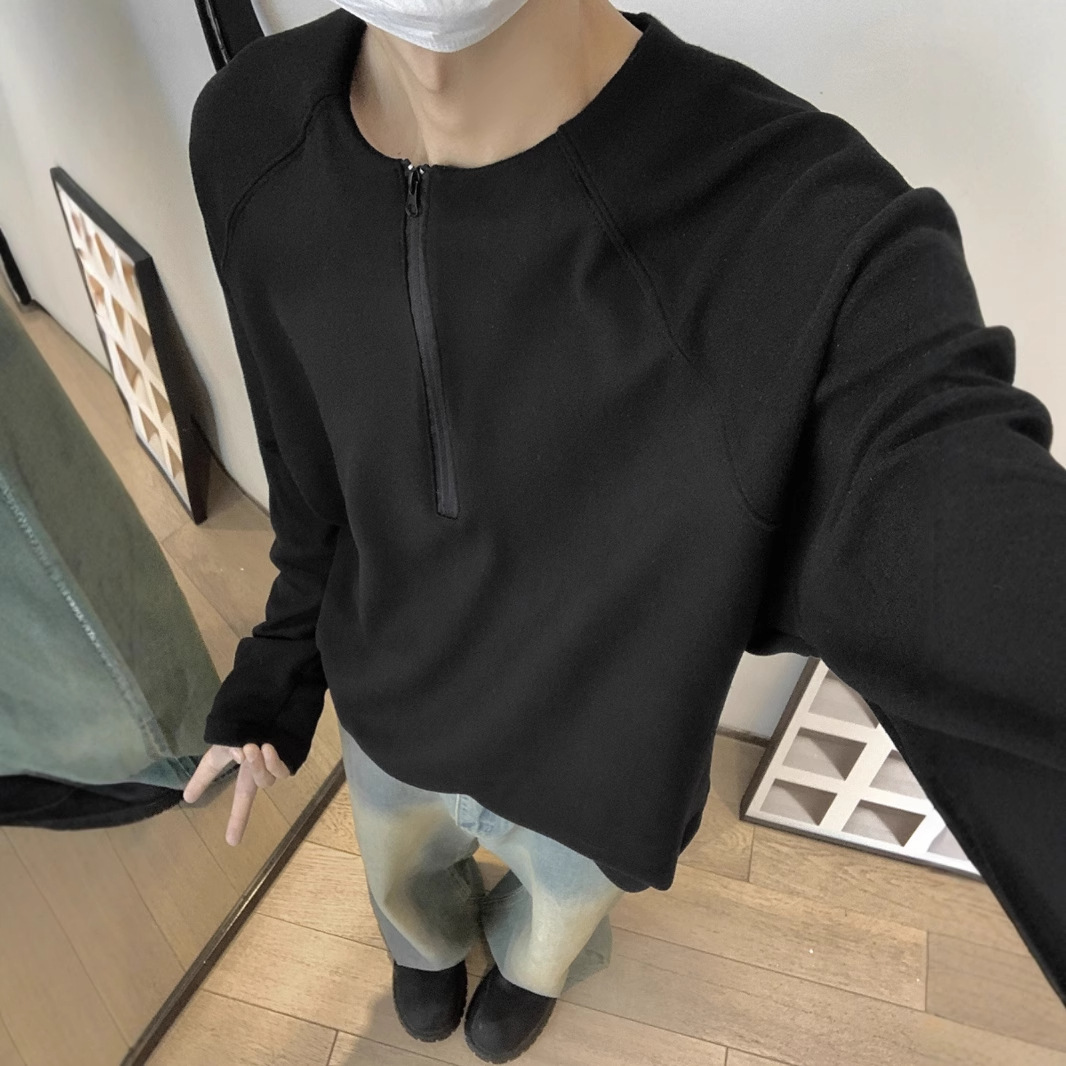 Cleanfitダークグレー長袖tシャツメンズ2024秋冬新作ヘンリー襟ゆるいインナーシャツ