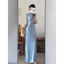 新中式女装蓝色立领无袖旗袍女夏季高级感巨好看显瘦气质轻国风裙