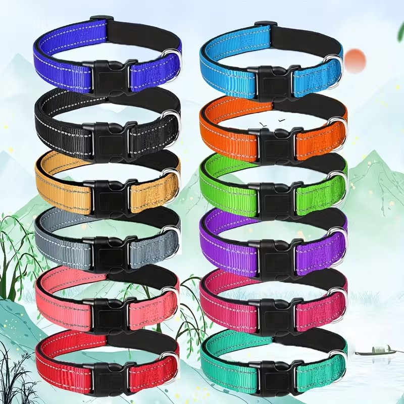 Fabricante de collar reflectante de nailon transpirable transfronterizo para mascotas, tamaño de correas ajustable para perros de tamaño mediano
