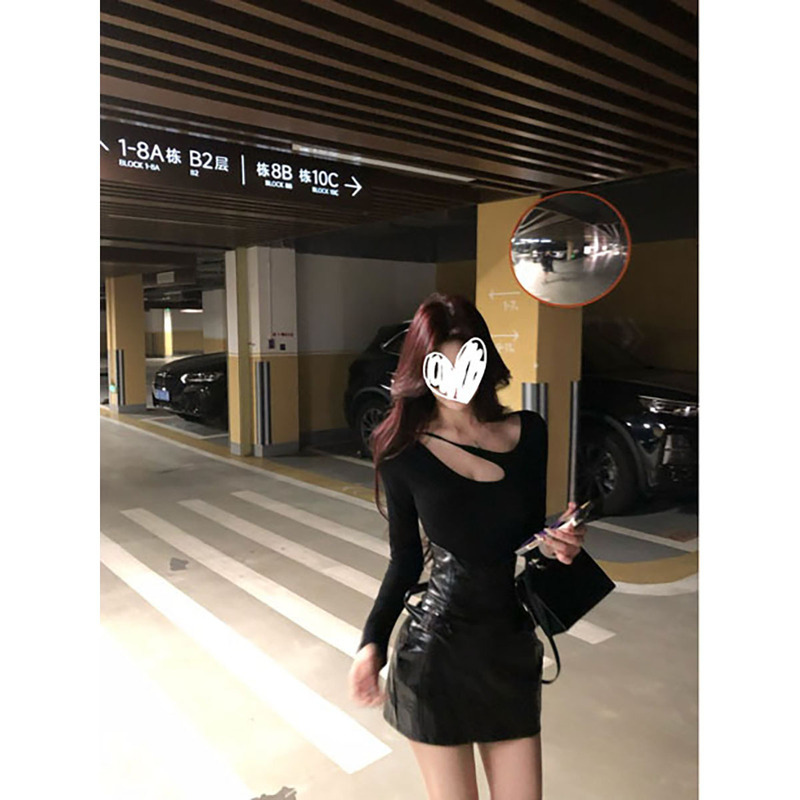 Pure Desire Hot Girl Hollow Out Long Sleeve T-Shirt Top for Women, New Autumn High Waist Slim Fit Short Leather Skirt Set Pure Desire Hot Girl Hollow Out Long Sleeve T-Shirt Top for Women, New Autumn High Waist Slim Fit Short Leather Skirt Set