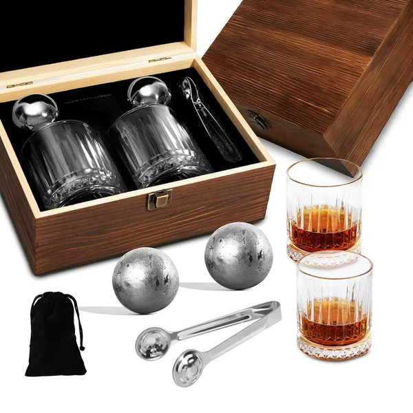 Metal spherical ice stones, stainless steel spherical ice cubes, modern and minimalist wooden whiskey set