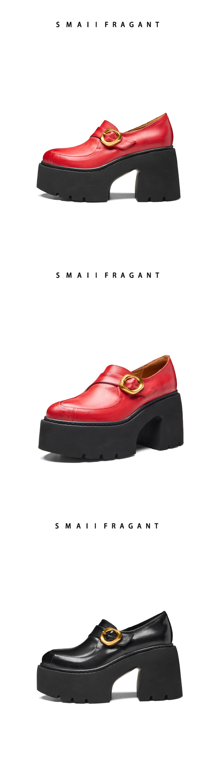 Giày loafer nữ da bò cao cấp gót vuông 10 cm, mũi nhọn khóa dây, đế dày — màu đen, màu đỏ chi tiết 12