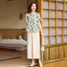 夏季妈妈短袖套装2025新款中老年印花短袖上衣洋气婆婆大码两件套