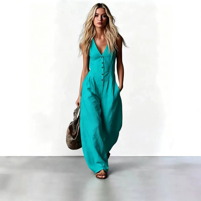In-Stock 2026 New European and American Fashion Textured Commuter V-Neck Sleeveless Faux Linen Jumpsuit for Women In-Stock 2026 New European and American Fashion Textured Commuter V-Neck Sleeveless Faux Linen Jumpsuit for Women