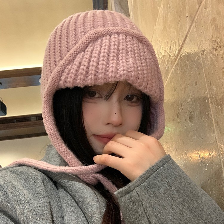 秋冬季加长护耳毛线帽女骑行骑车系带防寒保暖显脸小包头针织帽子|undefined