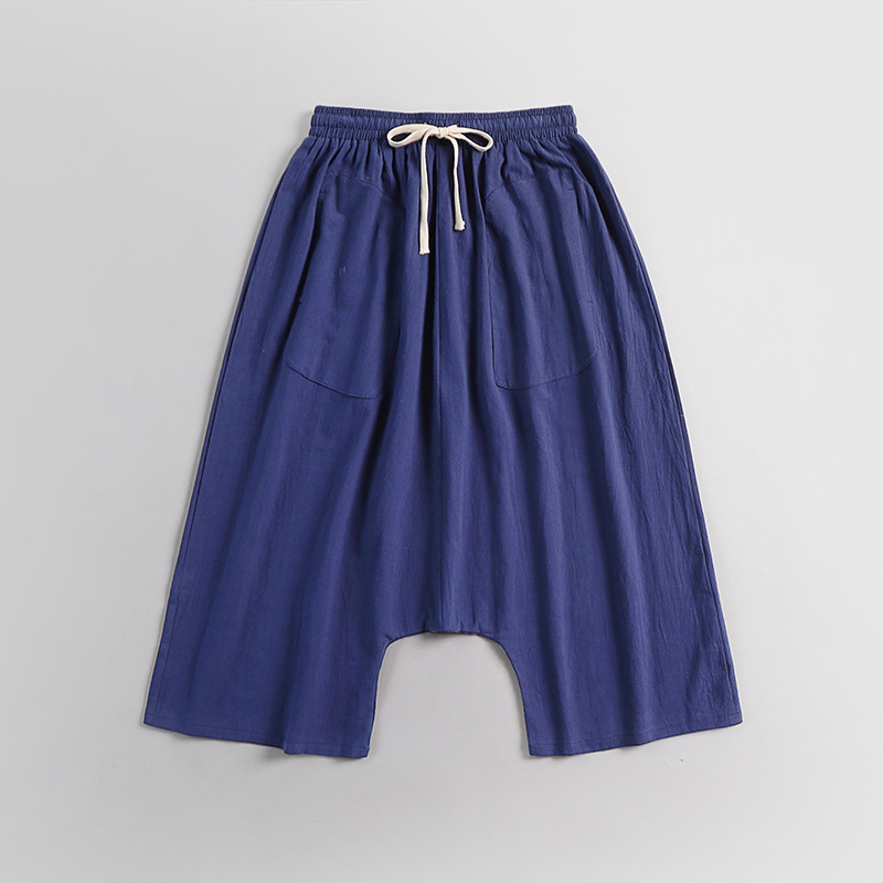 Eight-point Wide-leg Pants Hanging Pants Japanese-style Hong Kong-style Couple's Large Size Chinese-style Cotton and Linen Hip-hop Capri Pants for Men