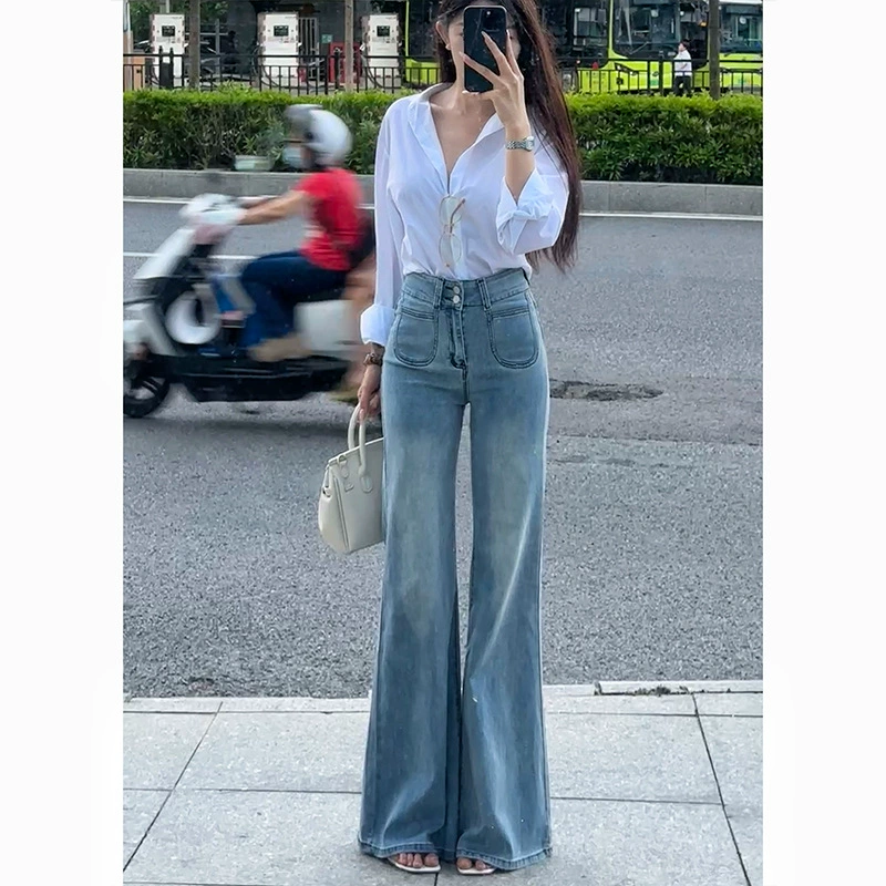 Светлые джинсы с высокой талией микро-эла женские весной 2025 года новый маленький человек тонкий эластичный рог брюки грубая талия