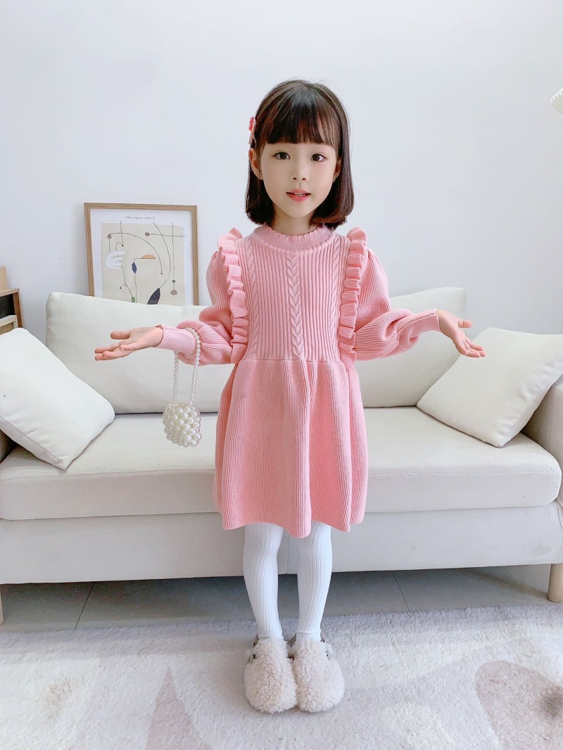 Girls Knitted Dress Autumn Winter Solid Colour Long Sleeve Style_voghion.com
