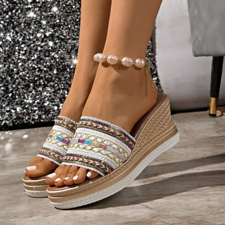Европейские и американские пляжные шлепанцы больших размеров на танкетке, летняя новинка 2025 года, в стиле бохо, с открытым носком