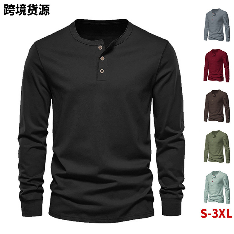 Amazon Cross-Border Men's Long-Sleeved T-Shirt Youth Large Size Round Neck Solid Color Henley Shirt Mesh Quick-Drying Breathable T-Shirt for Men