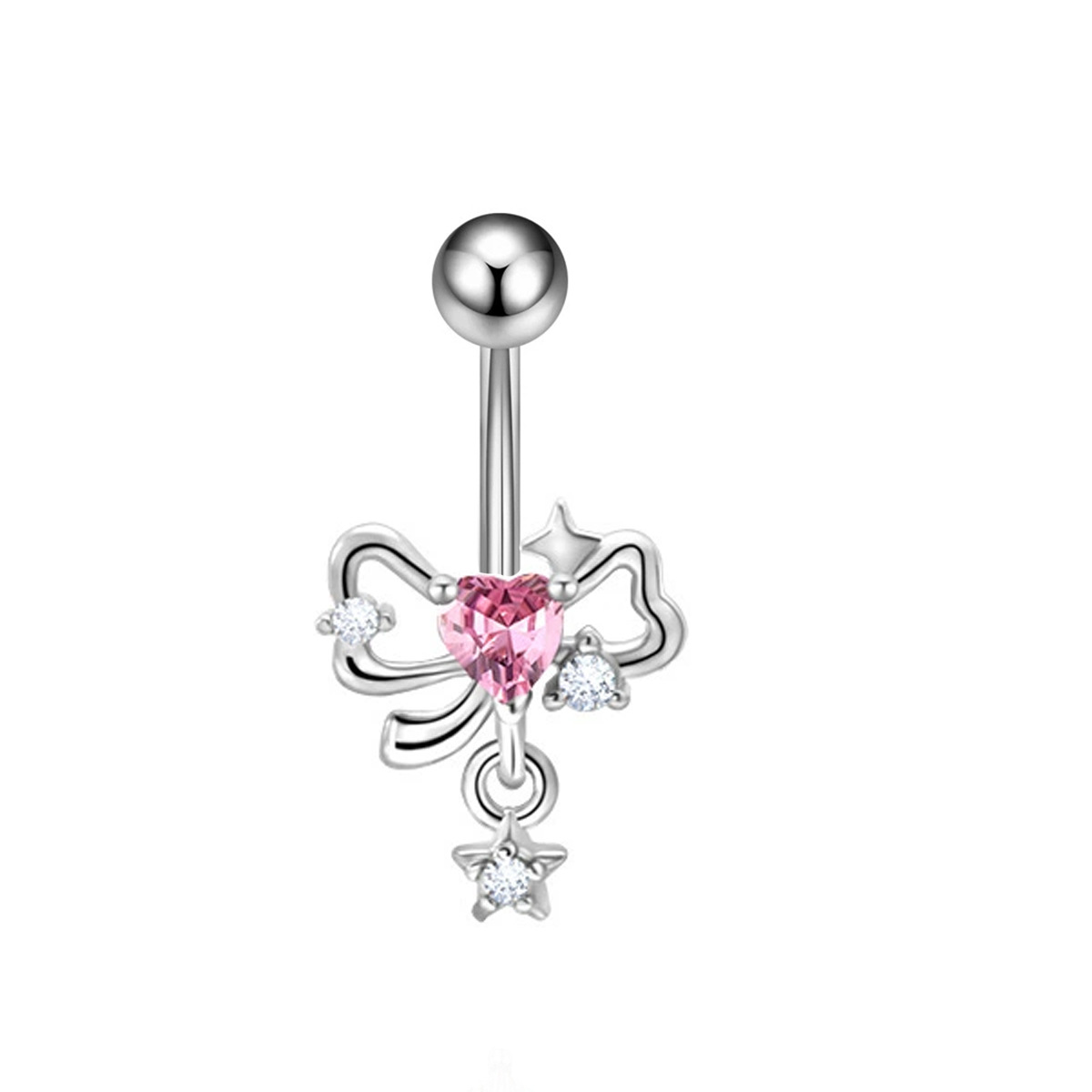 Stainless Steel Belly Button Ring With Pink Zircon Flower Charm_voghion.com