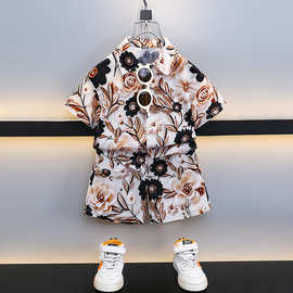 男童夏季短袖套装2025新款帅气儿童花衬衫两件套宝宝夏装炸街衣服