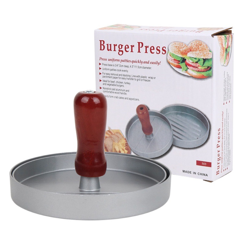 Manual de aleación de aluminio hamburguesa prensa antiadherente revestimiento mango de madera hamburguesa prensa herramienta de cocina creativa
