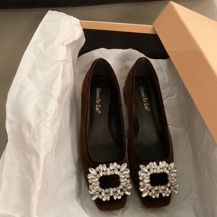 Zapatos planos de boca poco profunda con diamantes de imitación de alta gama para mujer, elegantes mocasines planos de punta cuadrada versátiles, novedad de otoño de 2025.