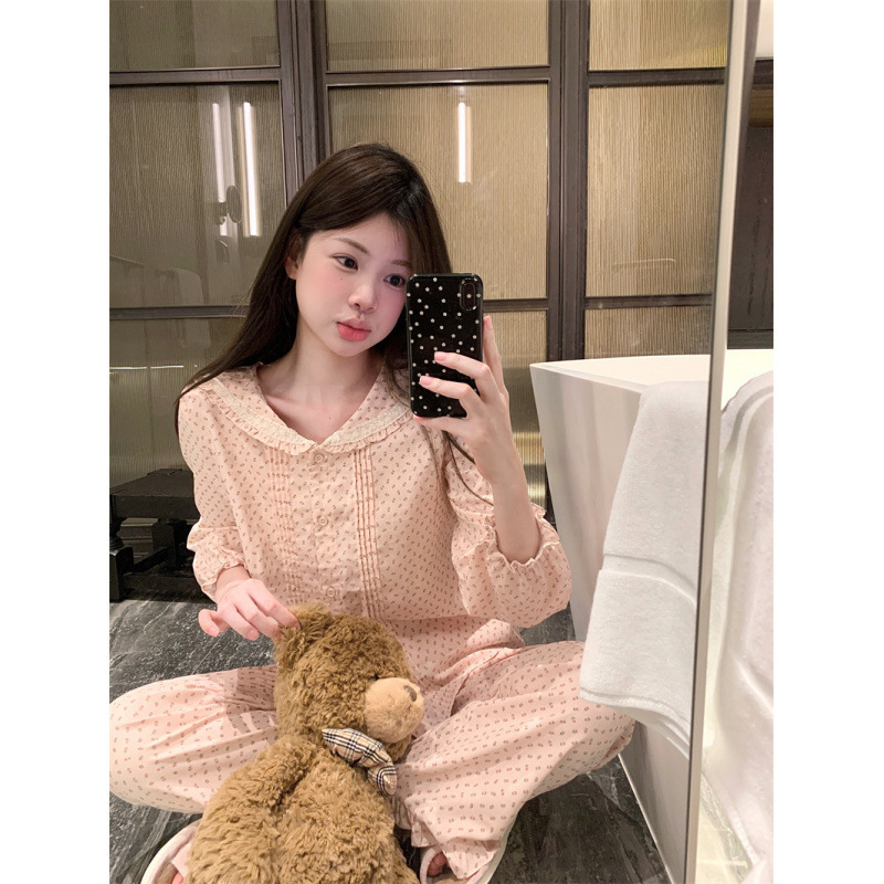 Real shot 2025 spring gentle sweet floral navy wind collar soft waxy cotton fresh home clothes pajamas suit wholesale Real shot 2025 spring gentle sweet floral navy wind collar soft waxy cotton fresh home clothes pajamas suit wholesale