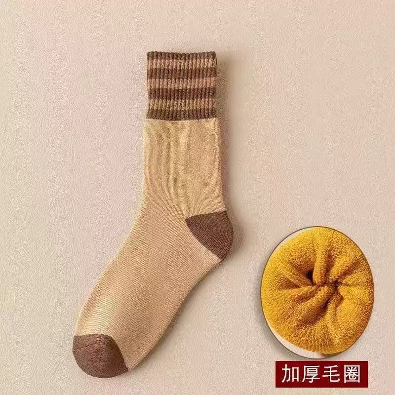 男女同款条纹毛圈中筒袜保暖加绒加厚毛圈雪地袜冬季弹力舒适柔软|undefined
