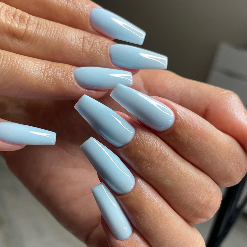 Cross-border Europe and the United States solid color wearing a long light blue French handmade fake nails bright simple nail pieces wholesale Cross-border Europe and the United States solid color wearing a long light blue French handmade fake nails bright simple nail pieces wholesale