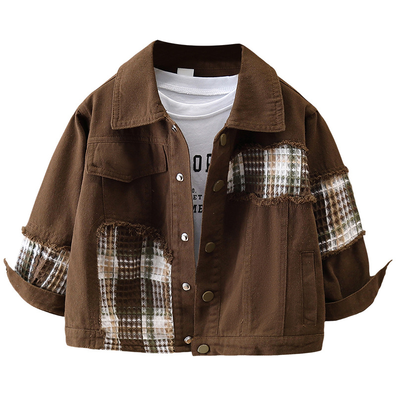 7650 Chaqueta de primavera para niños Chaqueta a cuadros con costuras de moda Chico fresco y guapo Primavera y otoño Nueva ropa de calle frita Primavera