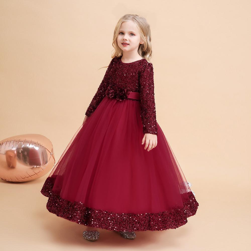 Vestido de niños transfronterizos Navidad manga larga lentejuelas mono princesa vestido niña anfitrión rendimiento vestido de noche