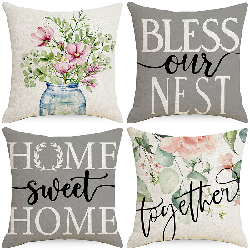 80g Weight Pillow Cases Home Textiles & Decor Type Linen Material Plant, Flower Pattern Pastoral Style Pastoral Plant Flower Linen Pillow Cases 无