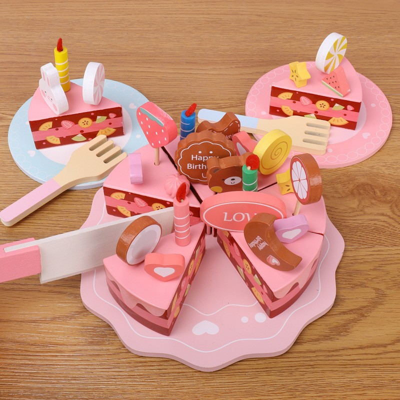 Niña de madera pastel cumpleaños simulación fruta corte juguete niño cocina juego casa traje