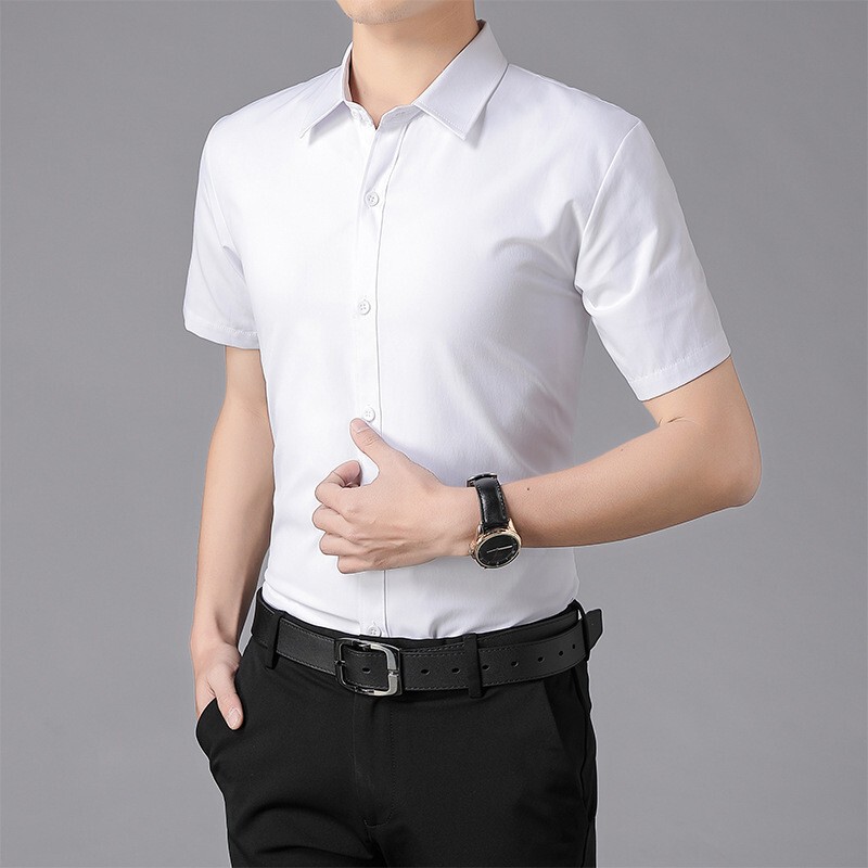 Summer Casual Short-Sleeved Shirt Men's Half-Sleeved Solid Color Business Work Shirt Professional Formal Blue Men's Clothing
