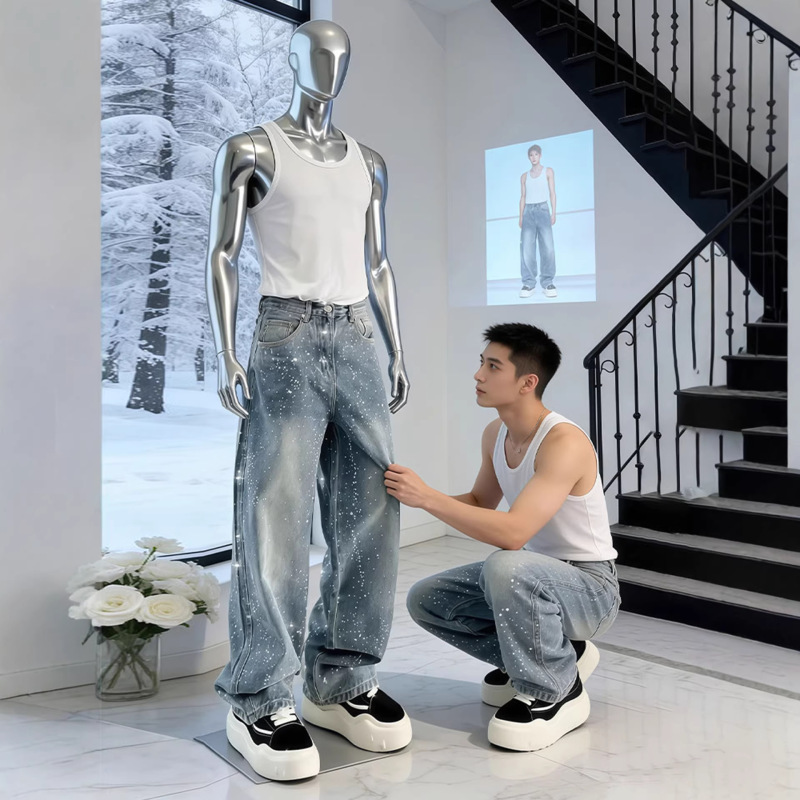American-Style High Street Rhinestone Jeans for Men, Star-Patterned Straight Wide-Leg Pants, Trendy Brand, Cool Street Style, Slightly Flared Pants American-Style High Street Rhinestone Jeans for Men, Star-Patterned Straight Wide-Leg Pants, Trendy Brand, Cool Street Style, Slightly Flared Pants