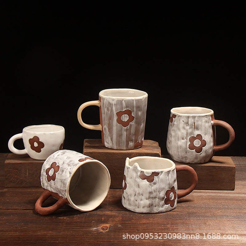手描きのかわいい花 和風癒しコーヒーカップ 粗陶器カップ 和風陶器マグカップメーカー|undefined