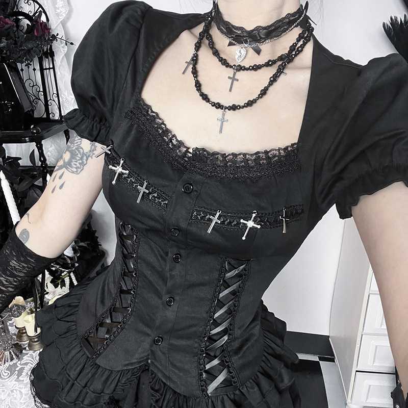 Xs26015 Dark Cross Hand-Stitched Positioning Shirt Top 2026 New Gothic Style Sweet Cool Hot Girl Top