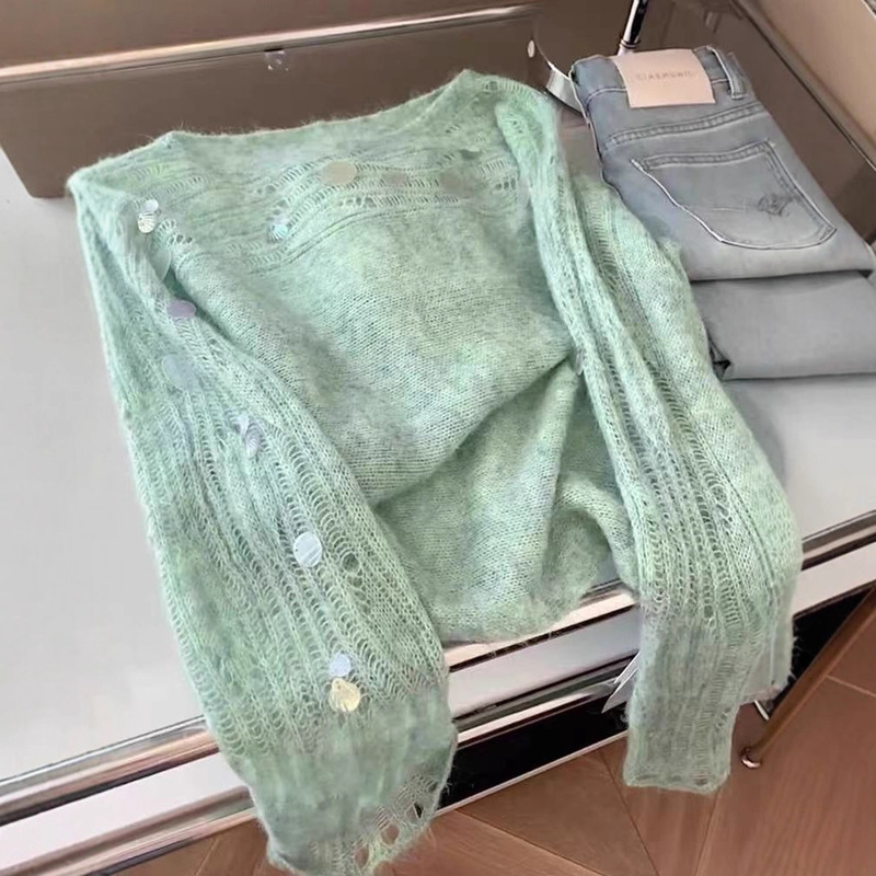 薄荷绿天丝亚麻镂空针织时尚舒适上衣欧货重工亮片闪闪舒适毛衣女|undefined