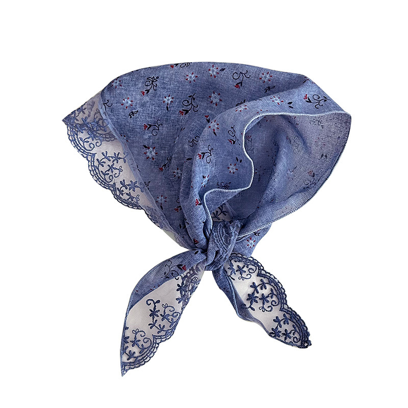 Bufanda de seda Bufanda triangular con borde de encaje Bufanda de mujer Pequeño estilo pastoral fresco bolso floral decorativo pañuelo para el cabello