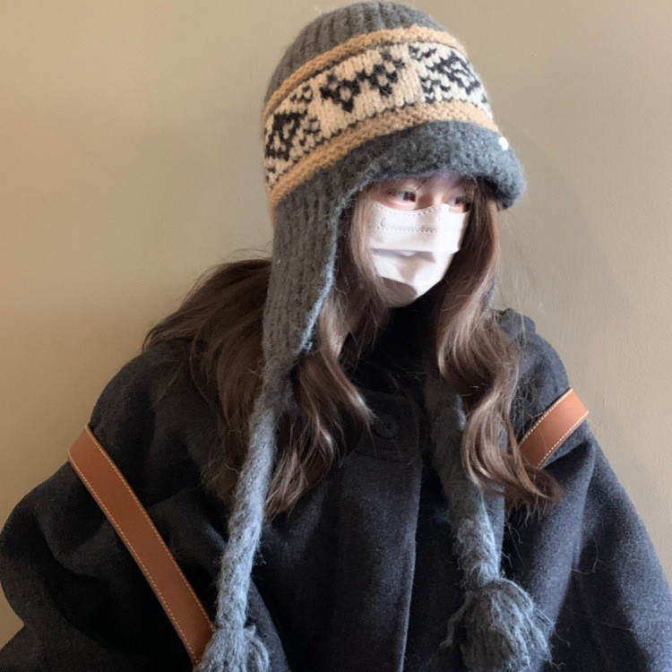 フェア島風毛糸帽子女子秋冬レトロ百合大頭囲保温ニット帽子顔小耳保護帽子