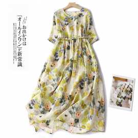 日韩现货 文艺印花苎麻连衣裙女气质复古民族风收腰显瘦棉麻裙子