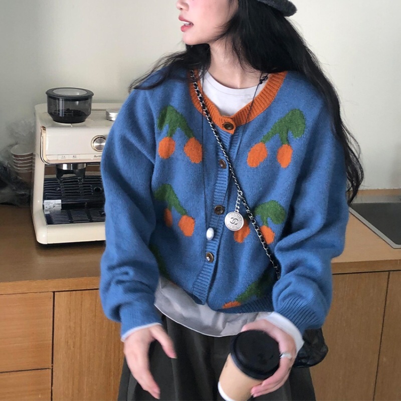韩系穿搭蓝色提花针织衫上衣秋冬季设计感樱桃撞色毛衣开衫外套女|undefined