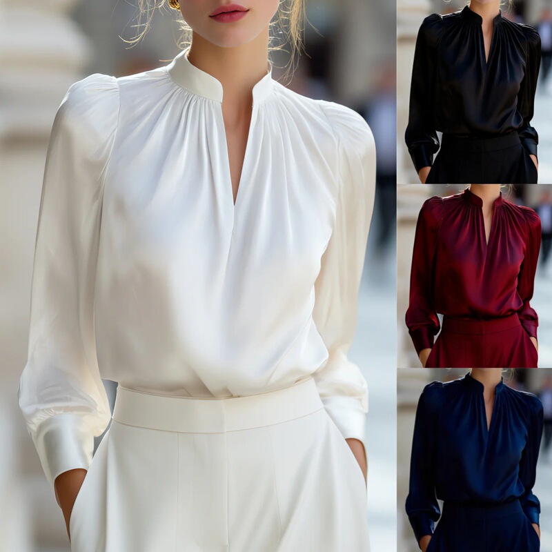 2026 European and American Cross-Border Foreign Trade New Style Satin Stand-Up Collar Puff Sleeve Long-Sleeve Shirt Women's Workwear Top 2026 European and American Cross-Border Foreign Trade New Style Satin Stand-Up Collar Puff Sleeve Long-Sleeve Shirt Women's Workwear Top