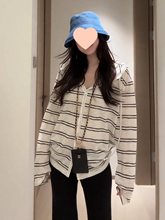 大码胖mm长袖连帽条纹开衫T恤女夏季韩系慵懒防晒衣春季薄款外套