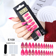 跨境尖頭穿戴甲24片格紋磷光新款美甲貼片單色杏仁甲批發甲片