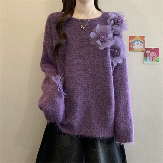 秋冬新款慵懒风长袖针织衫软糯女装韩系立体花朵毛衣上衣秋装女装