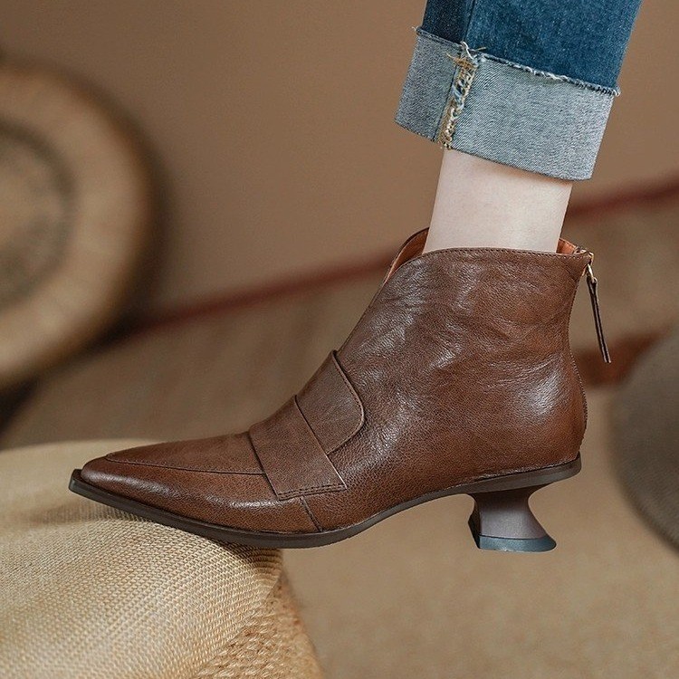 Retro Women's Ankle Boots Pointed Toe Low Heel Back Zipper Slimming Winter Style Unique Cowboy Boots_vogvips.com