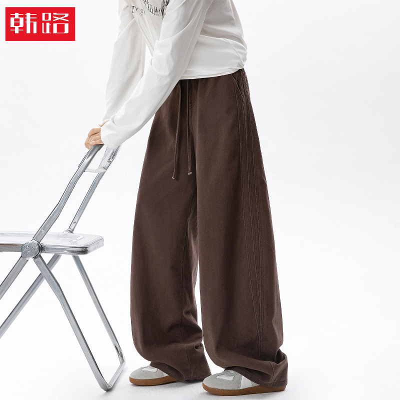 Hanlu | Segmented Patchwork Casual Pants for Men, Autumn Style, Textured Twill, Vintage American Style, Trendy Brand, Loose Fit Long Pants