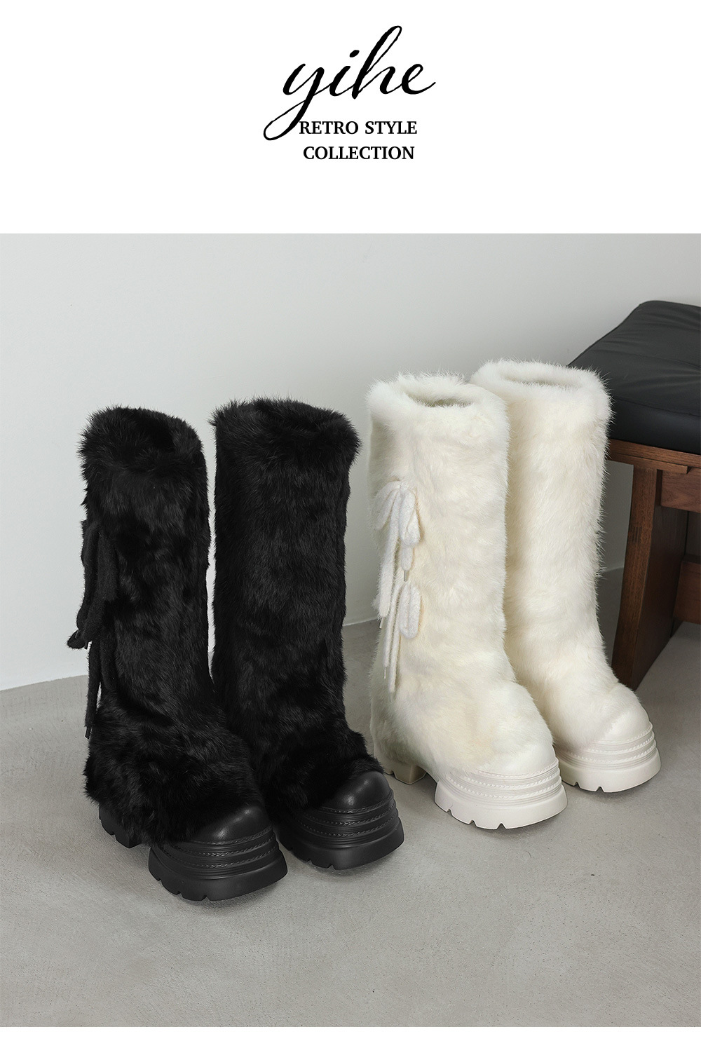 Boot nữ cổ cao lông thỏ ấm áp đế dày buộc dây — Bộ lông màu trắng sữa chi tiết 14