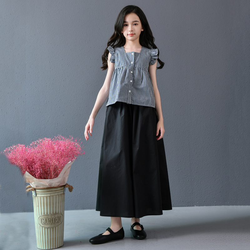 Niñas verano nuevo estilo a cuadros sueltos diseño literario manga voladora camisa blusa pantalones anchos pantalones cortos traje de dos piezas