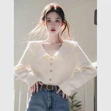 2025冬季韩系穿搭针织上衣慵懒感小香风白色娃娃领毛衣秋冬女