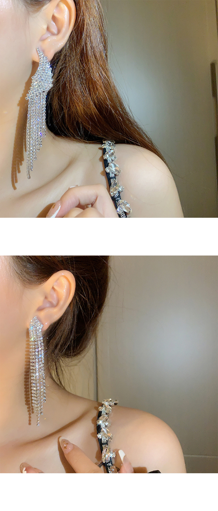 Retro full diamond long tassel earrings for women in Europe and America, exaggerated temperament, earrings, high-end feeling, light luxury earrings_voghion.com